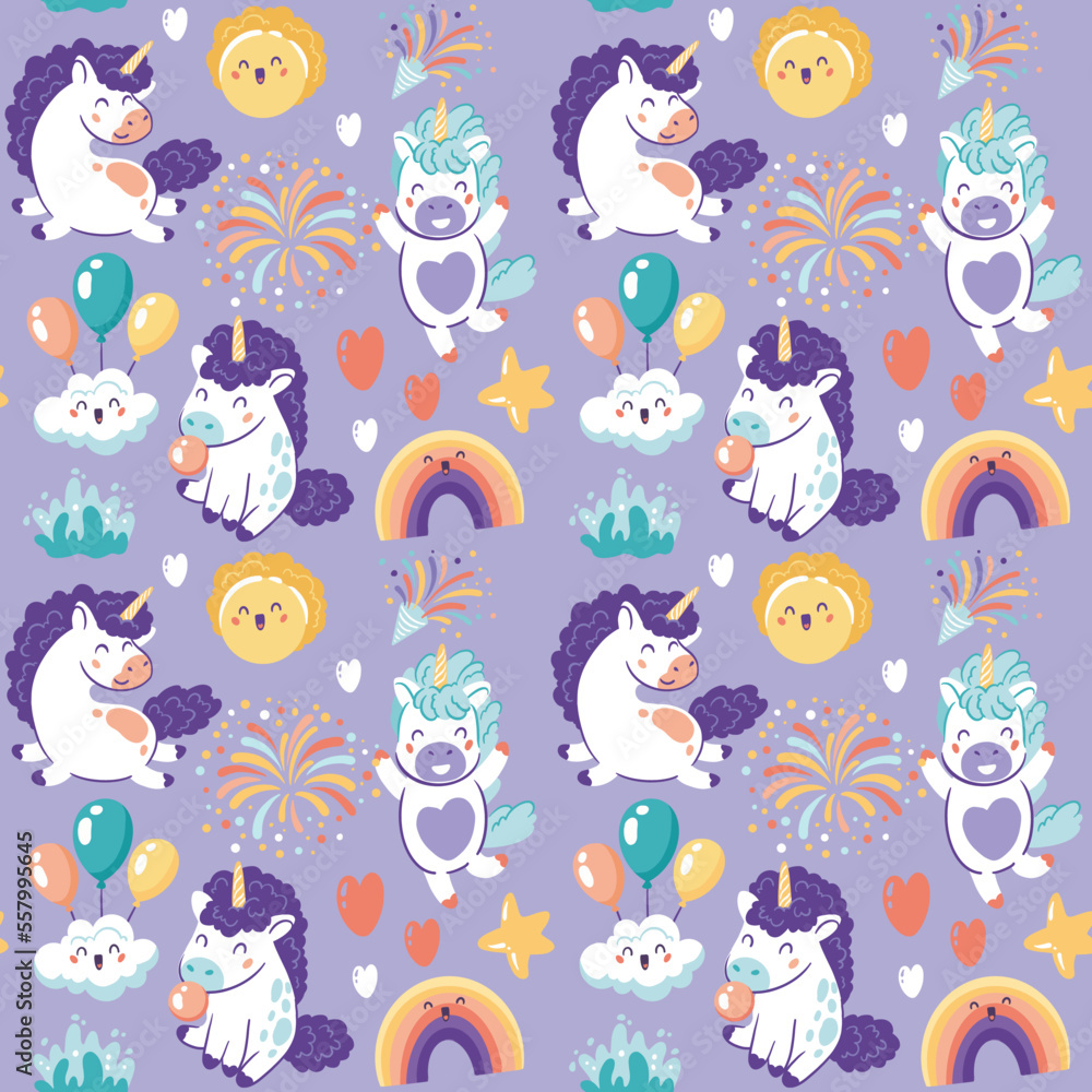 Cute unicorns and rainbows, seamless pattern with vector hand drawn illustrations
