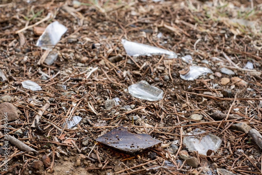 Fototapeta premium Broken glass on earth. close up view