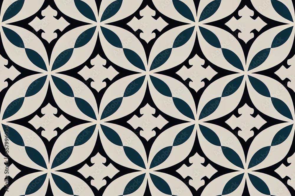 A floral damask pattern is repeated in a seamless manner over patterned azulejo floor tiles. Generative AI A floral damask pattern is repeated in a seamless manner over patterned azulejo floor tiles. Generative AI