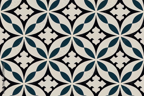 A floral damask pattern is repeated in a seamless manner over patterned azulejo floor tiles. Generative AI photo