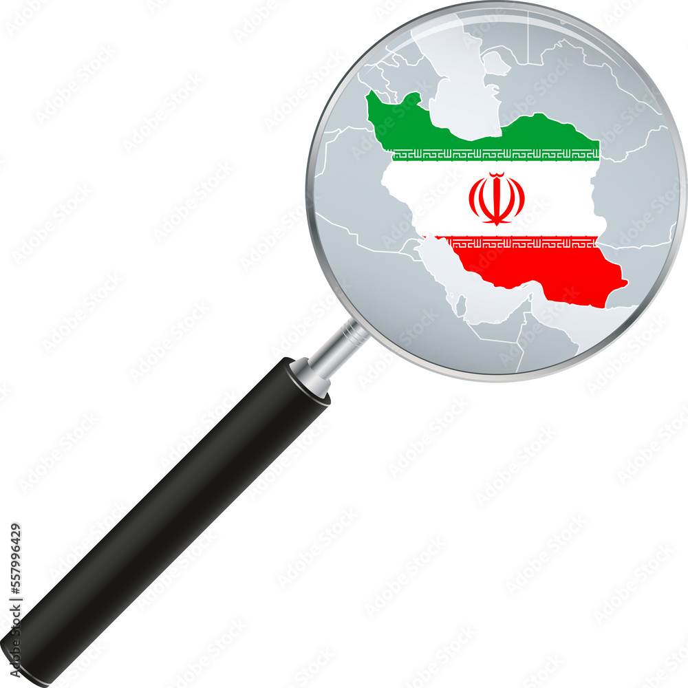 Iran map with flag in magnifying glass.