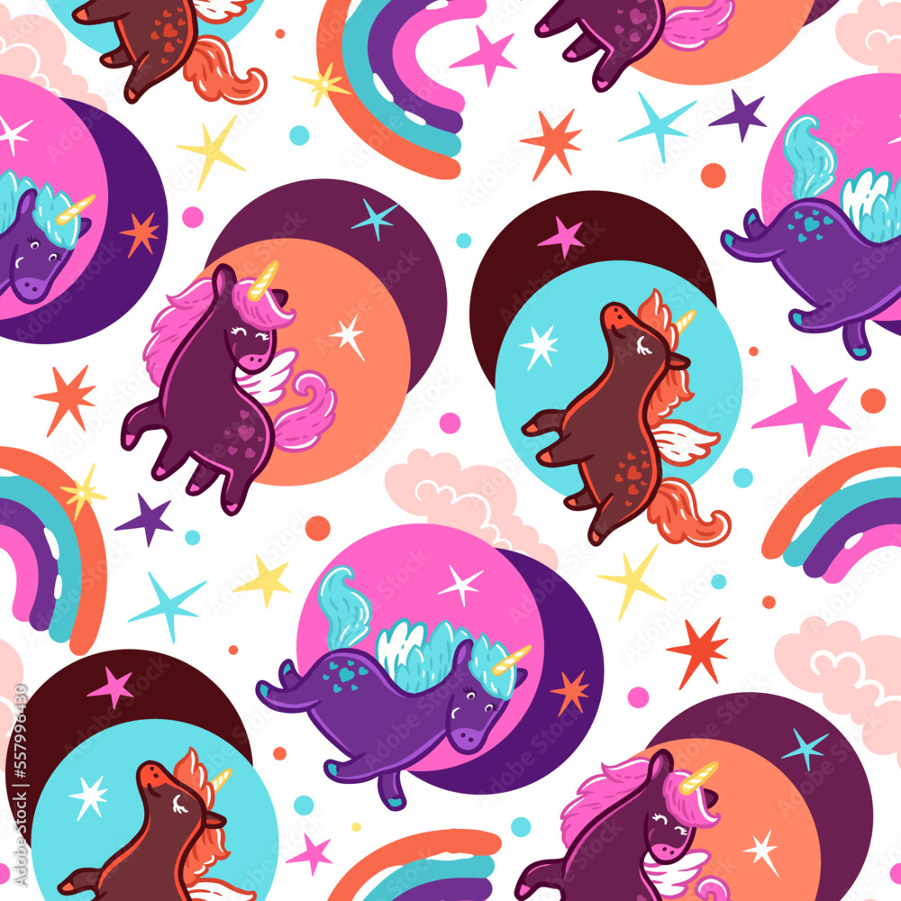 Cute unicorns, rainbows and stars. Seamless vector pattern with hand drawn illustrations
