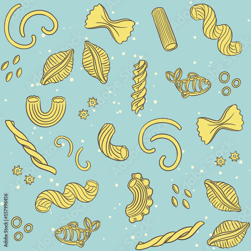 Different types of pasta. Seamless pattern with hand drawn vector outline illustrations