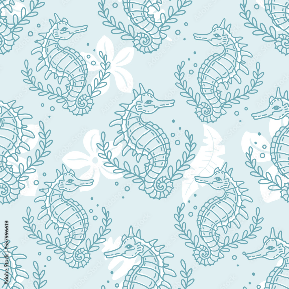 Seahorse. Vector seamless pattern with underwater ocean animal theme. Hand drawn outline illustration Seahorse. Vector seamless pattern with underwater ocean animal theme. Hand drawn outline illustration
