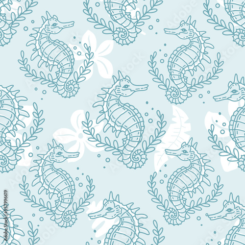 Seahorse. Vector seamless pattern with underwater ocean animal theme. Hand drawn outline illustration