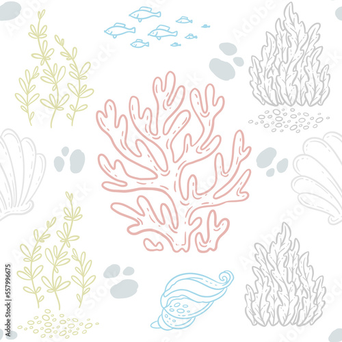 Underwater plants, corals, shells. Vector seamless pattern with hand drawn outline illustrations