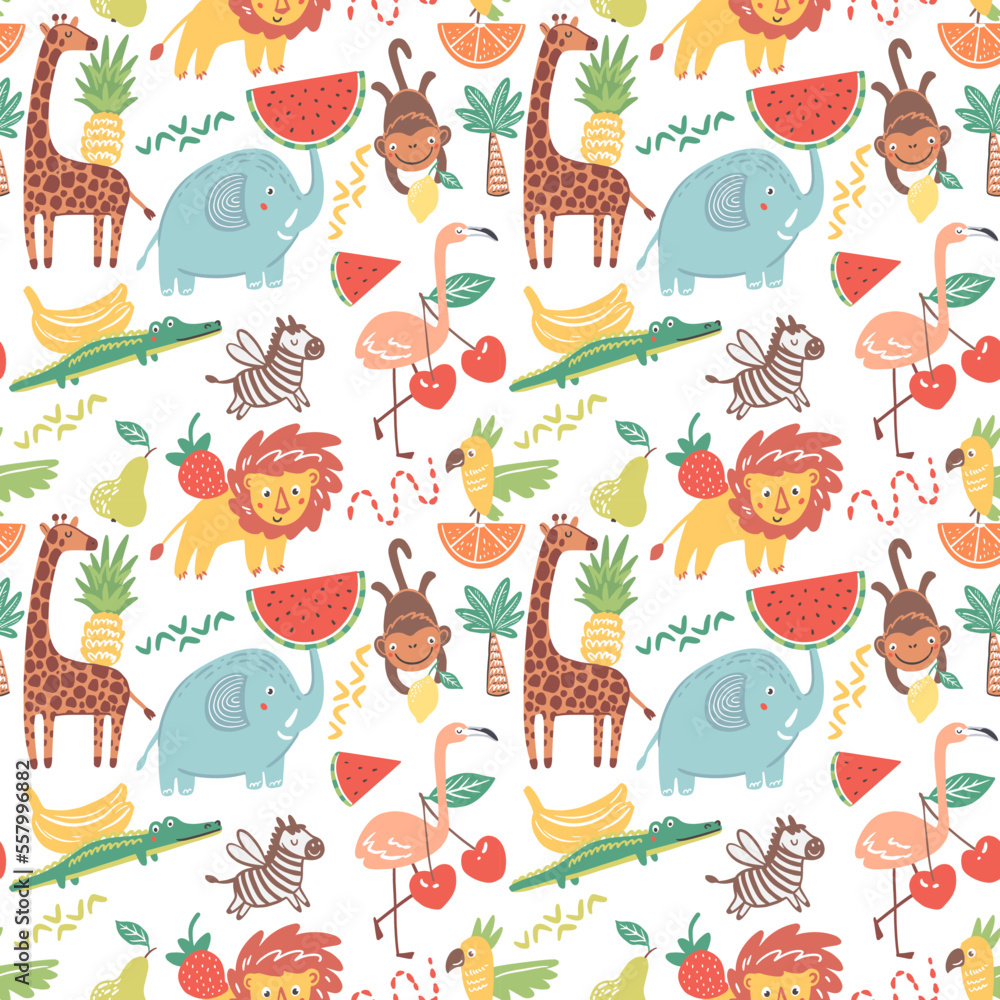 Animals with fruits, seamless pattern with vector hand drawn illustrations with African animals theme
