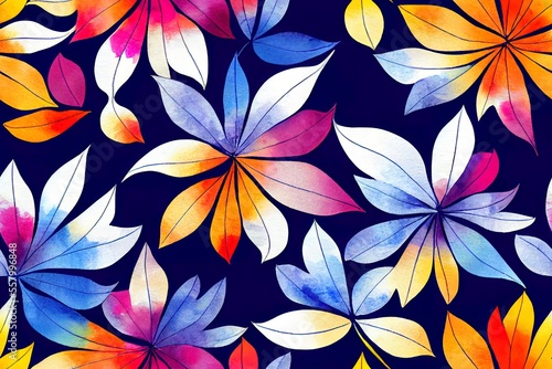 Seamless lovely digital watercolor abstract floral summer pattern with a bunch of leaves and flowers on a navy blue backdrop. Generative AI