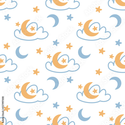 Clouds and moons, seamless pattern with vector hand drawn illustrations
