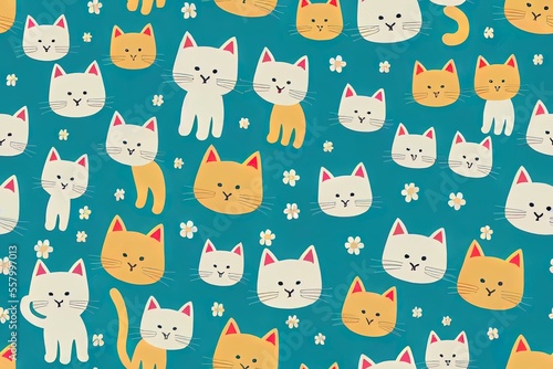 Cute cartoon kittens fill this seamless children's design. art featuring a hand-drawn texture made by a creative child Generative AI