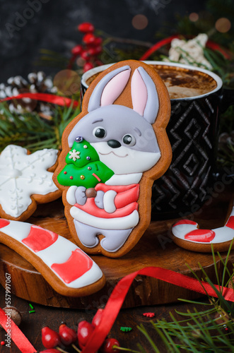 Rabbit Gingerbread Cookie on Wooden Background  Handmade Christmas Treat