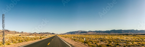 Straight road in small desert plants and sand with mountains in america at sunny day photo