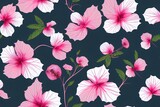 Pattern of pink Hibiscus blooms that repeats endlessly, set on a dark pink pastel backdrop. Watercolor hand-drawn artwork. Texture for use in textile print design Generative AI