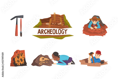Archaeologists excavating and exploring paleontological and historical artifacts set cartoon vector illustration