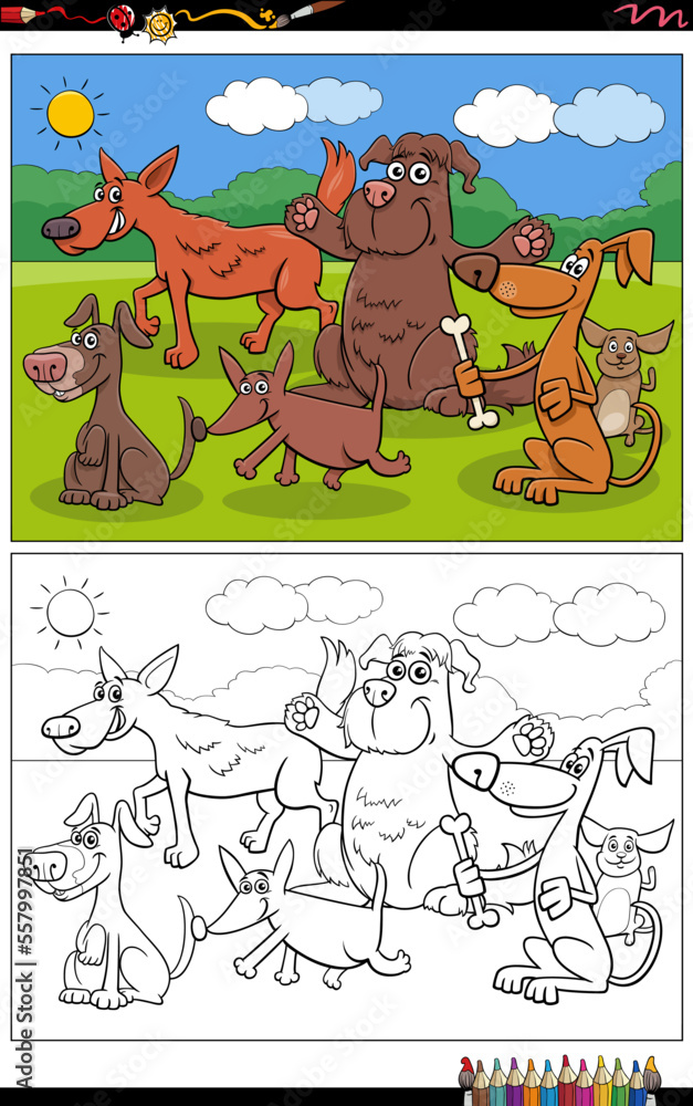 Fototapeta premium cartoon dogs animal characters group coloring page