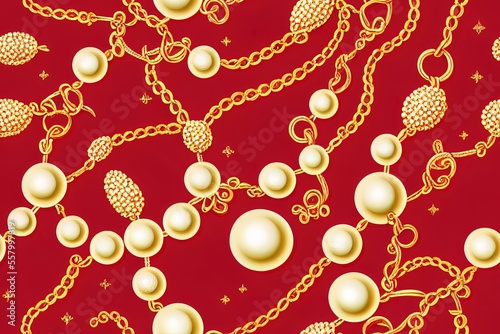 Gold chains, pearls, and precious stones adorn this seamless design. Generative AI