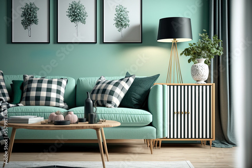 Modern mint sofa, wooden console, cube, coffee table, lamp, plant, mock up poster frame, pillows, plaid, decoration, and beautiful home decor accessories make up the stylish interior design of the liv photo