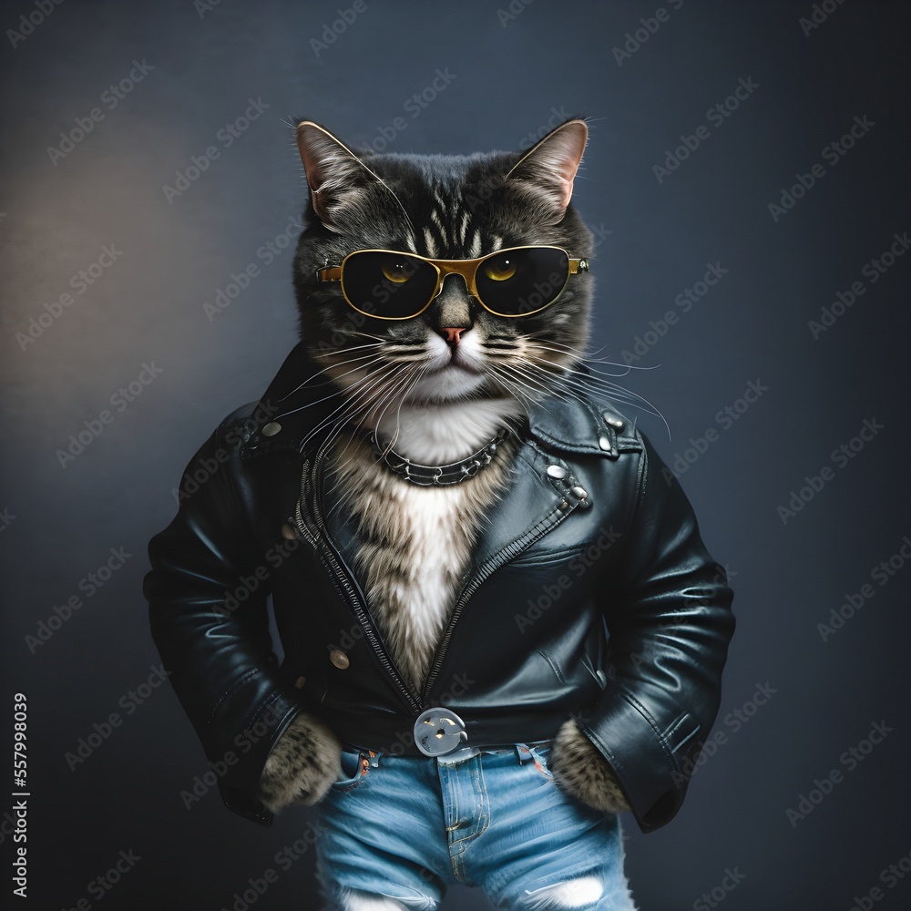 Portrait of a macho cat wearing a black leather jacket sunglasses