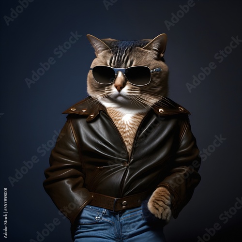 Portrait of macho cat wearing a brown leather jacket and stylish black sunglasses. Posing as a top gun actor. Artistic digital painting. Professional studio shooting. Generative AI illustration © stockcrafter