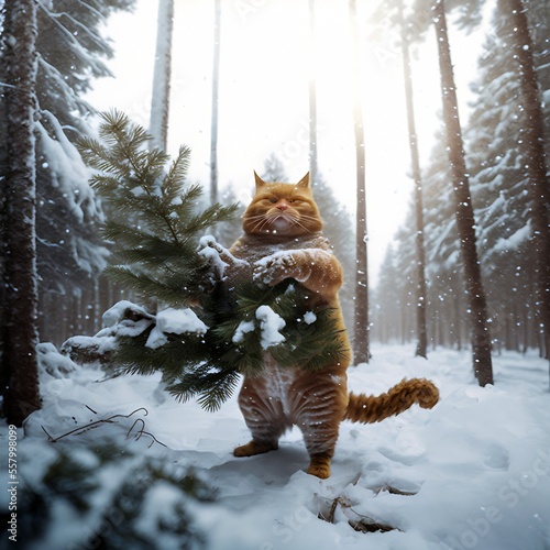 Garfield-looking ginger cat caught in the woods chopping down Christmas tree. Winter in the woods. Generative AI illustration. Creative digital cat art. photo