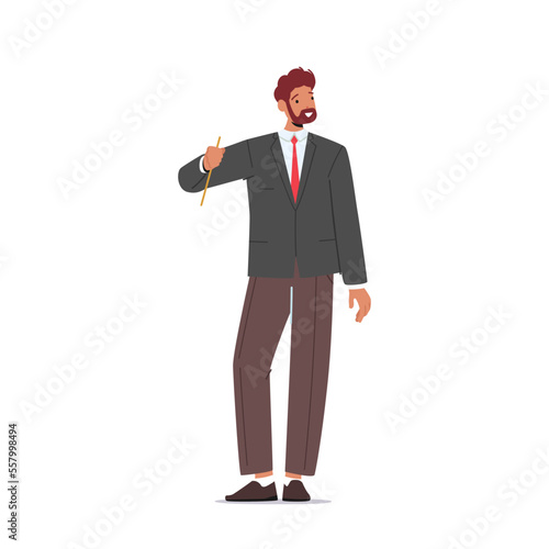 Male Character in Formal Suit, Business Man Wear Black Blazer and Brown Trousers Isolated on White Background