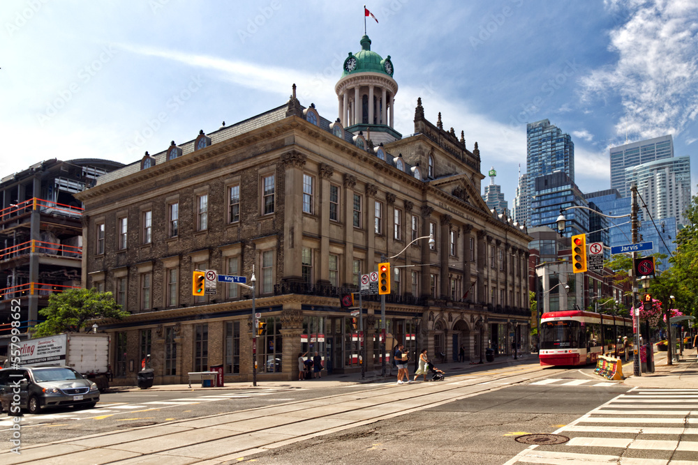 Toronto, Canada, Aug 5, 2022. Traditional building against a modern backdrop - Jarvis Street