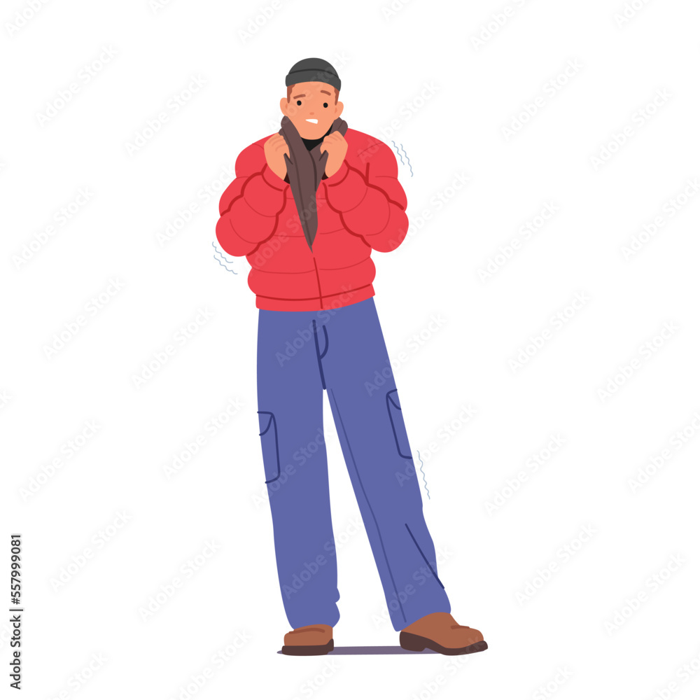 Cold Weather Season, Freeze. Freezing Male Character Wear Warm Winter Clothes, Scarf and Hat Suffer of Low Temperature Cold Weather Season, Freeze. Freezing Male Character Wear Warm Winter Clothes, Scarf and Hat Suffer of Low Temperature