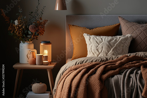 A cozy bedroom with stylish decor, a wooden bedside table, a pottery jar, a book, lovely bed linens, a blanket, pillows, and other personal items. Template. Generative AI