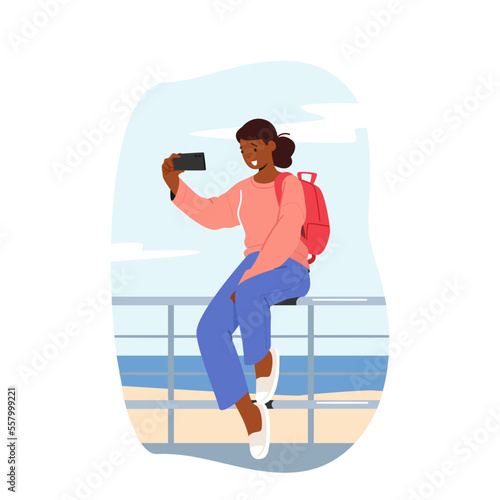 Woman Taking Selfie Or Chatting Via Smartphone Sitting On Railings Outside, Girl Photographing On Seascape Background
