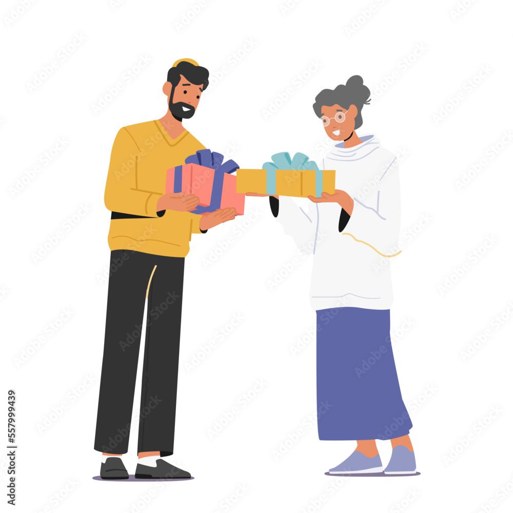 Male And Female Characters Giving Presents To Each Other For Holidays Celebration. Festive Event With Gifts
