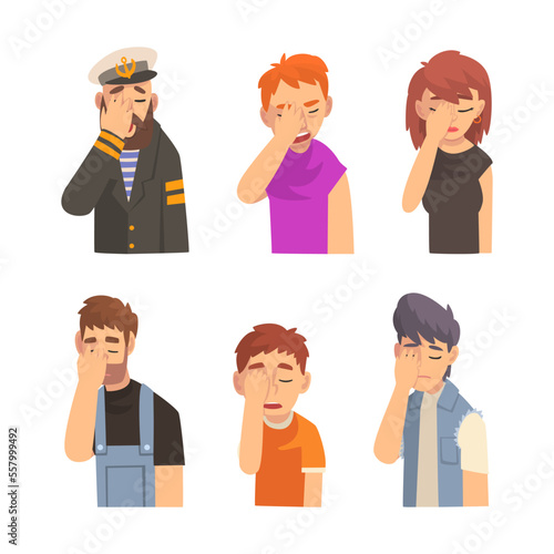 Different people showing facepalm gestures set. Men and women feeling disbelief, headache, disappointment or shame and covering their eyes with hand cartoon vector illustration