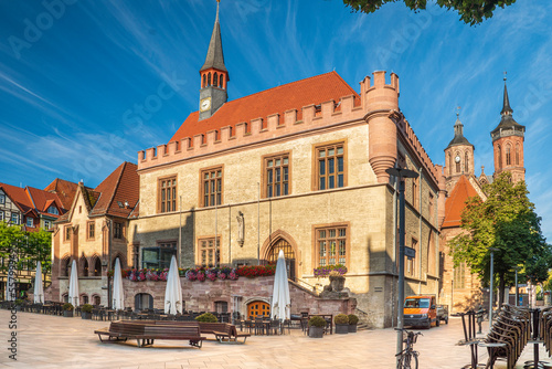 Close-up of the old town hall in Goettingen with the spiers of the Johannis Church in the background