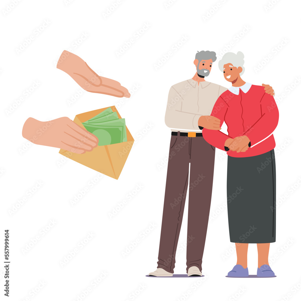 Social Help, Governmental Assistance To Seniors Concept. Hand Giving Envelope With Money To Elderly Characters
