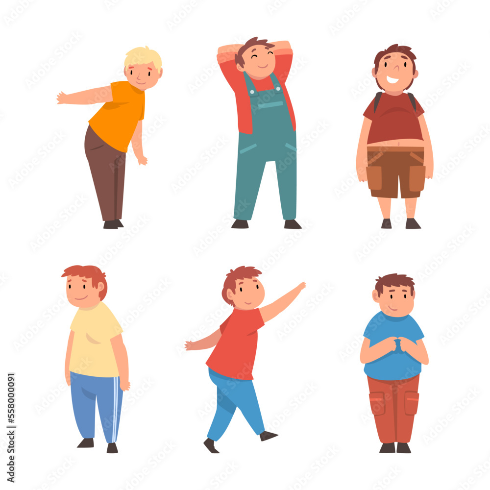 Cheerful chubby male characters set. Happy overweight young men in casual clothes cartoon vector illustration