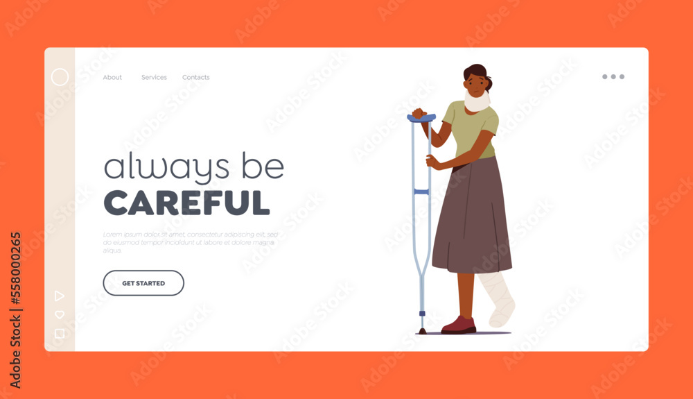 custom made wallpaper toronto digitalInjured Patient Landing Page Template. Sick Woman with Leg Fracture and Neck Injury Walk with Crutch Vector Illustration