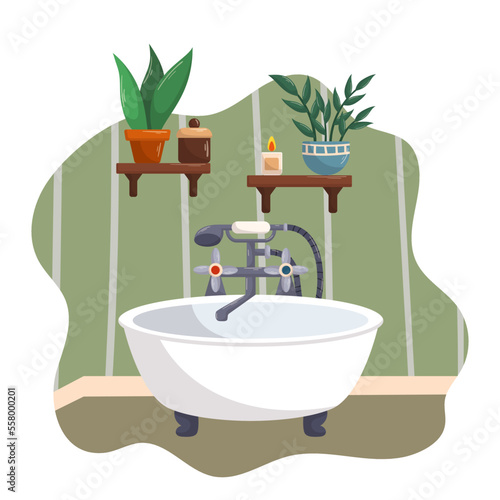 Bath Tub, Modern Bathroom Interior Design At Home Or Hotel Apartment With Plants On Shelves And Candle