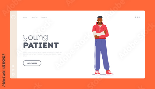 Young Patient Landing Page Template. Black Man with Broken Arm in Gypsum Bandage Show Victory Gesture, Illustration