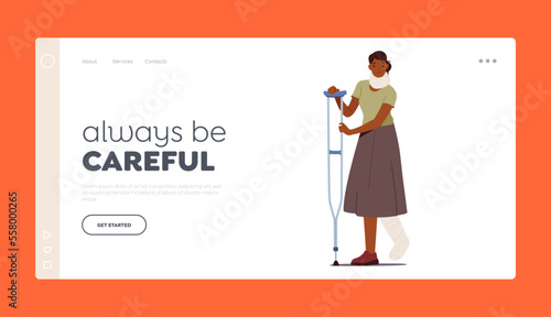 Wallpaper Mural Injured Patient Landing Page Template. Sick Woman with Leg Fracture and Neck Injury Walk with Crutch Vector Illustration Torontodigital.ca