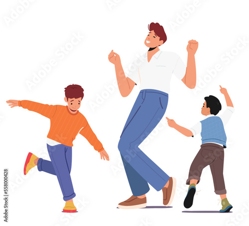 Dad and Kid Characters Fun Sparetime, Leisure, Rejoice Together. Happy Family Celebrate Home Party. Parent with Children