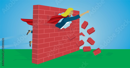 Superhero, superwoman taking her way through all problems. Brave woman. Vector illustration.
