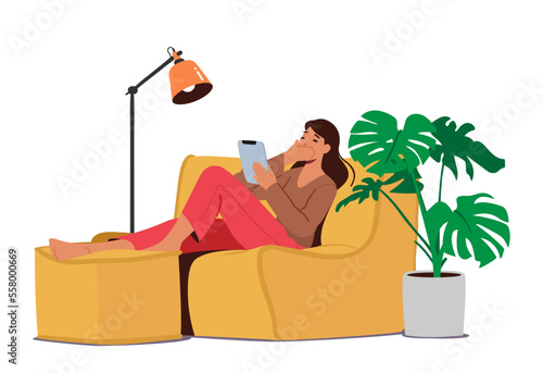 Online Date, Modern Relations, Female Character Sitting on Sofa with Tablet Pc, Laughing, Sending Messages via Internet