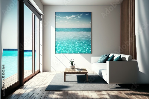 Large living room with a sea view that is vacant in a luxurious summer beach property with a pool close by wooden deck. Background of a large white wall at a vacation home or villa. Hotel room decor