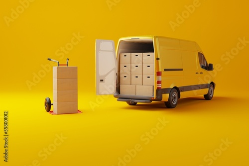 Commercial delivery yellow van with cardboard boxes on yellow background. Delivery order service company transportation box business background with van truck. 3d rendering, 3d illustration.