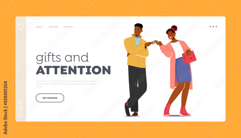 Gifts and Attention Landing Page Template. Dissatisfied Husband Gives Salary To His Wife. Man with Unhappy Grumpy Face Gifts and Attention Landing Page Template. Dissatisfied Husband Gives Salary To His Wife. Man with Unhappy Grumpy Face