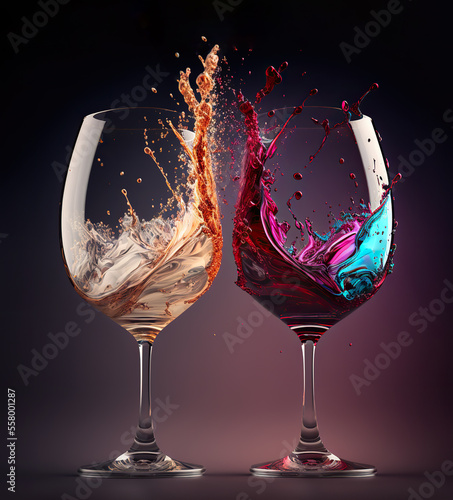 Abstract print of wineglasses with splashes of wine, pouring inside. Art wine expressive splashes in glasses, vector collection isolated. Red wine vector artistic watercolor illustration generative ai