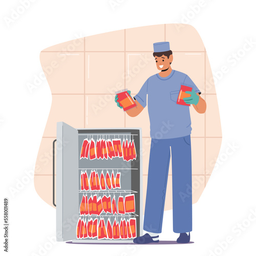 Male Nurse Character Put Plastic Bags with Lifeblood into Refrigerator, Doctor with Donated Blood in Medical Laboratory
