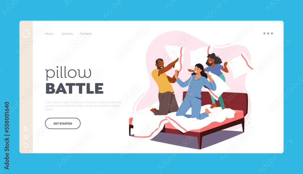 Pillow Battle Landing Page Template. Family Characters Fight on Pillows. Happy Young Parents with Child Jumping on Bed Pillow Battle Landing Page Template. Family Characters Fight on Pillows. Happy Young Parents with Child Jumping on Bed