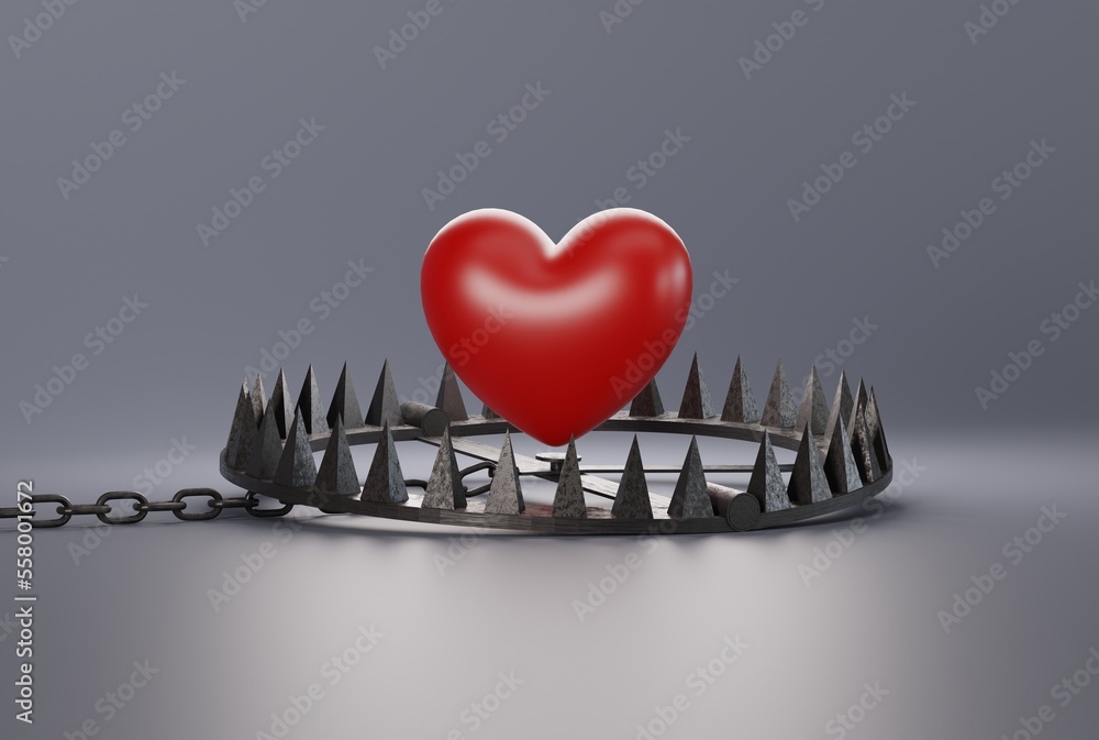 Illustrazione Stock Heart over a snare, a trap on a dark background. The  concept of being trapped in love, being bound to love, coerced. Dangerous  love. 3D render, 3D illustration. | Adobe