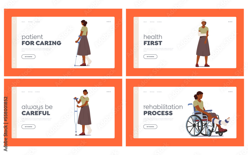 Rehab after Accident Landing Page Template Set. Woman with Fracture. Black Female Characters with Broken Legs and Arms