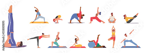 Set of People Practice Yoga Exercises. Male and Female Characters, Pregnant Women, Young Man Doing Asana